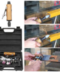 No-Nonsense Heavy-Duty Mini Air Die Grinder Kit with wrenches and stones, showing use on metal, sparks flying.