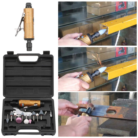 No-Nonsense Heavy-Duty Mini Air Die Grinder Kit with wrenches and stones, showing use on metal, sparks flying.