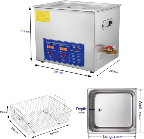 Top Tier Ten Liter Ultrasonic Cleaner With Fast Heat And Digital Timer Pro Grade Forty KHz stainless steel cleaner with basket.