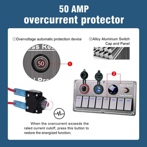 Beefy Aluminum 8 Gang Rocker Switch Panel with overcurrent protector and voltmeter for marine use, close-up view.