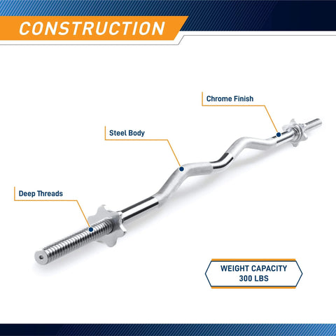 Threaded Chrome Curl Bar With Collars For All Standard Plates 48 Inch Heavy Duty Steel Build shown with deep threads, chrome finish.