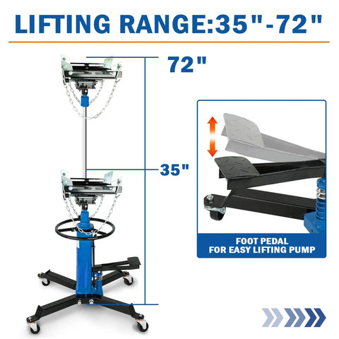 Kaflla High Lift Hydraulic Transmission Jack 1660 Lb with foot pedal, 35 to 72 inch lifting range shown in detailed image.