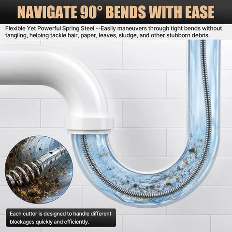 Tough As Nails 32 Foot Drain Snake And Auger Kit demonstrating flexibility navigating 90° bends in plumbing for effective cleaning.