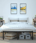 Heavy Duty Full Bed Frame With 18 Inch Rise Black Finish Noise Free Design No Box Spring Required No Sweat Assembly Steel Slats Construction Crushes Up To 700 Pounds Rock Solid Setup under a cozy striped duvet with storage underneath.