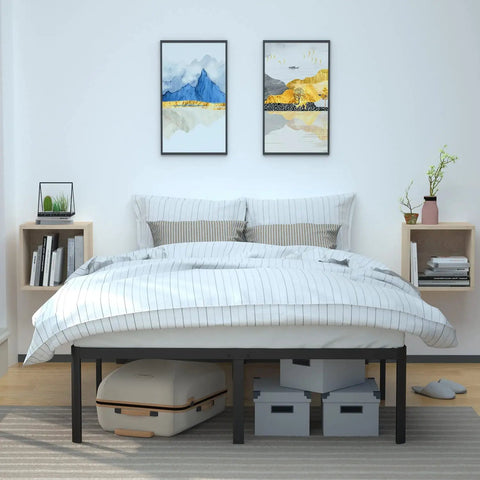Heavy Duty Full Bed Frame With 18 Inch Rise Black Finish Noise Free Design No Box Spring Required No Sweat Assembly Steel Slats Construction Crushes Up To 700 Pounds Rock Solid Setup under a cozy striped duvet with storage underneath.