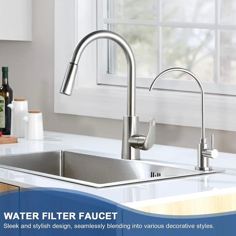 Top Tier Stainless Steel Reverse Osmosis Faucet With High Arc Swivel Spout And Single Handle For Kitchen Sink Bar Or Rv Drinking Water Filter Setup Sweet Smooth Flow in sleek kitchen setting.