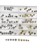 Watch Repair Tool Kit With Assorted Crown Parts Replacement Accessories in alloy copper with sizes including 3.5mm for DIY fixes.