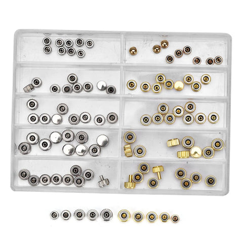 Watch Repair Tool Kit With Assorted Crown Parts Replacement Accessories in alloy copper with sizes including 3.5mm for DIY fixes.