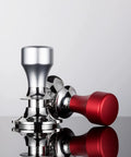 Top Shelf Adjustable Coffee Tamper With Smooth Flat Base Stainless Steel Barista Tool For Your Daily Grind with silver and red handles.