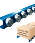 Kick Major Weight Around Your Shop With These 5 Foot Heavy Duty Conveyor Flow Rails Using Smooth Steel Skate Wheels For Frictionless Gravity Material Handling And Warehouse Setup 260 Lbs Per Ft Capacity Powder Coated Steel Build with galvanized wheels and cardboard boxes.