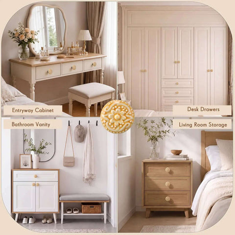 Deadset Classic Light Yellow Ceramic Cabinet Knobs Bundle Featuring 24 Round Vintage Drawer Pulls With Complete Mounting Hardware For Seamless Kitchen Makeover shown on various furniture.