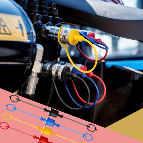 Four Pack 3/8 Inch Hydraulic Hose Cap Set With Quick Coupler Covers Including Male Dust Caps And Female Plug Caps, Red Yellow Black Blue