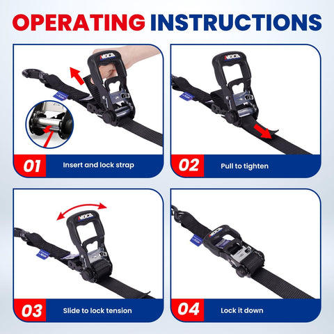 Operating instructions for Beefy 5200 lb heavy duty ratchet tie down straps kit with padded handles, 4-step process illustrated
