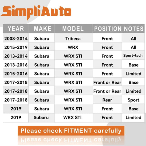 SimpliAuto fitment guide for Subaru Tribeca, WRX, WRX STI models from 2008-2019 with position notes.