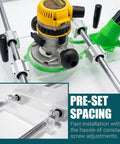 Beast Mode Heavy Duty Full Size Router Sled Kit With Dust Collection System; close-up of acrylic components and pre-set spacing.