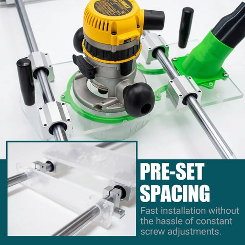 Beast Mode Heavy Duty Full Size Router Sled Kit With Dust Collection System; close-up of acrylic components and pre-set spacing.
