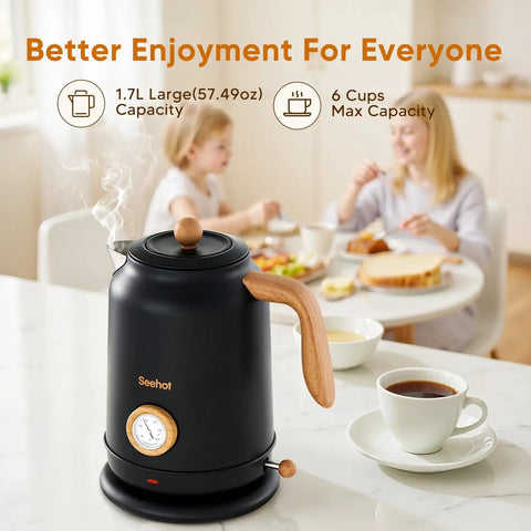 Heavy Duty 1.7L Electric Kettle With Thermometer, 1200W Fast Boil, 304 Stainless Steel, Auto Shut Off, Black, in kitchen setting
