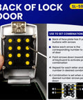Easy Access Key Storage Wall Mount Lock Box In Black With Push Button Entry showing combination setup instructions