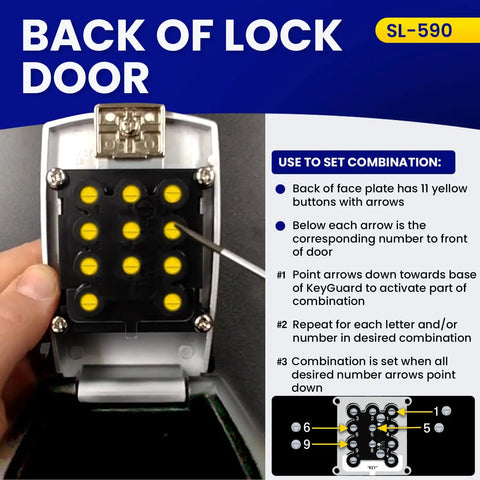 Easy Access Key Storage Wall Mount Lock Box In Black With Push Button Entry showing combination setup instructions