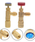 Two Piece R410 To R22 Adapter Valve Core Removal Kit For Refrigeration Service And Electric Vehicle Charging Gear Offering No Sweat Straight Flow Access With Reliable Heavy Duty Construction. Brass adapter valves with blue and red knobs.