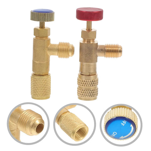 Two Piece R410 To R22 Adapter Valve Core Removal Kit For Refrigeration Service And Electric Vehicle Charging Gear Offering No Sweat Straight Flow Access With Reliable Heavy Duty Construction. Brass adapter valves with blue and red knobs.