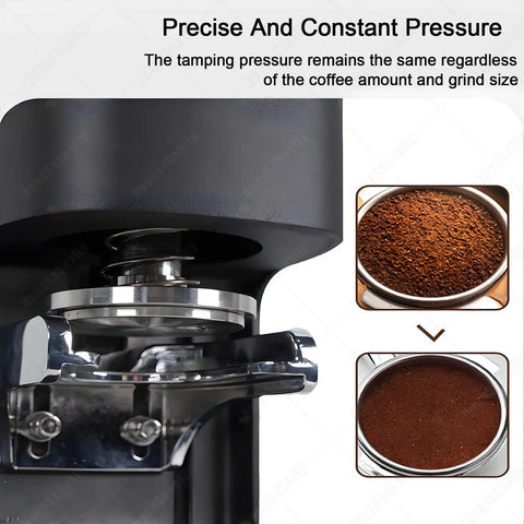 Close-up of Automatic Coffee Tamper Machine With Adjustable Electrical Pressure Control For 58Mm Portafilters showing its components.