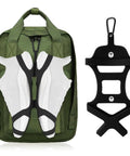 Elastic Silicone Shoe Holster With Backpack Clips For Hanging Sneakers Boots Cleats Or Gear On Your Backpack No Fuss Easy To Use Keeps Your Bag Neat And Shoes Separated Travel Ready Black showcasing attached to green backpack with paired sneakers