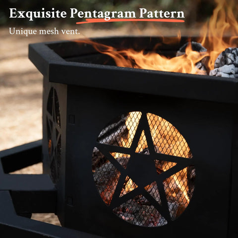 35 Inch Octagonal Wood Burning Fire Pit With Rectangular Cooking Grill 26 Inch Long And 10 Inch Wide featuring pentagram design