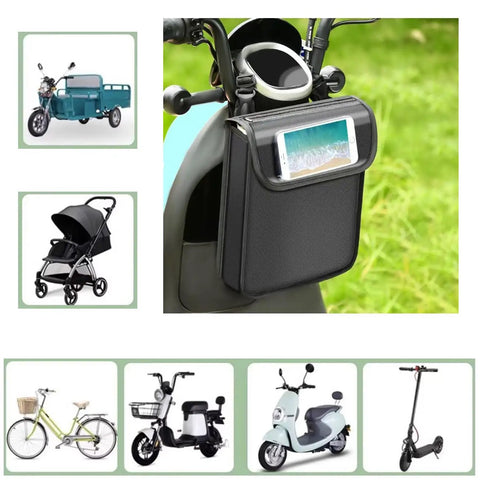 Electric Scooter Front Bag Pouch With Waterproof Phone Holder on handlebar, compatible with bikes and scooters