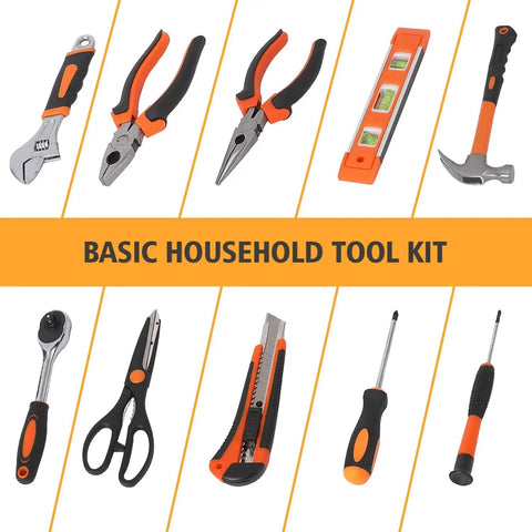 Basic household tools including pliers, screwdriver, hammer, and level from 247 Piece Home And Auto Repair Tool Kit With Plastic Toolbox Storage Case