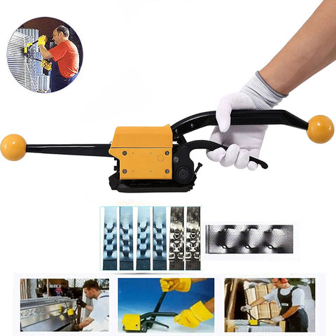 Heavy Duty Steel Strapping Tool A333 Stainless Manual Banding Machine held by gloved hand, close-up view of tensioner