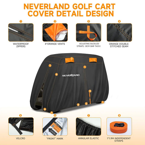 Four Passenger Golf Cart Cover Heavy Duty 420D Waterproof All Weather Protection With Zipper Doors displayed with design details