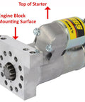 Gritty Lightweight Mini Starter Built For Small Block And Big Block Chevy Motors With Zero Fuss Straight Bolt On Mount side view showing engine block mounting surface.