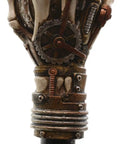 Badass Steampunk Swagger Cane Featuring Skeletal Hand Grasping Evil Eye And Heavy Duty Clockwork Gear Decor Staff close-up of hand grip.