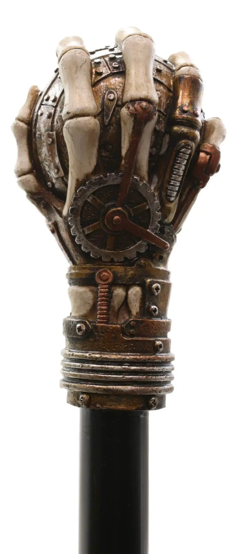 Badass Steampunk Swagger Cane Featuring Skeletal Hand Grasping Evil Eye And Heavy Duty Clockwork Gear Decor Staff close-up of hand grip.