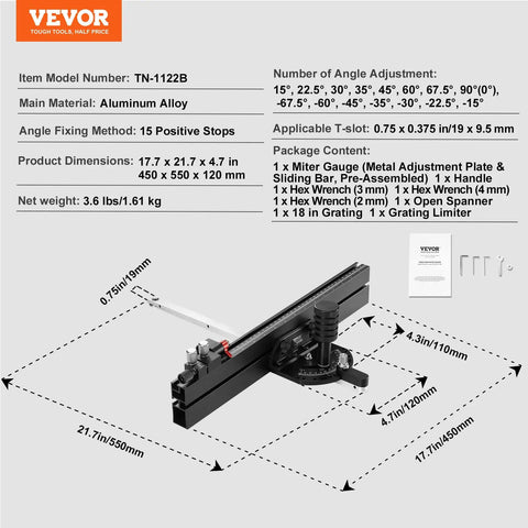 Precision Miter Gauge for Table Saws and Woodworking, Aluminum Alloy Construction, Fits Standard 3/4 by 3/8 Inch Slots, 18 Inch Grating, 15 Angle Stops, Adjustable Spring Loaded Plunger, Removable Disc, Durable and Accurate, shown with dimensions