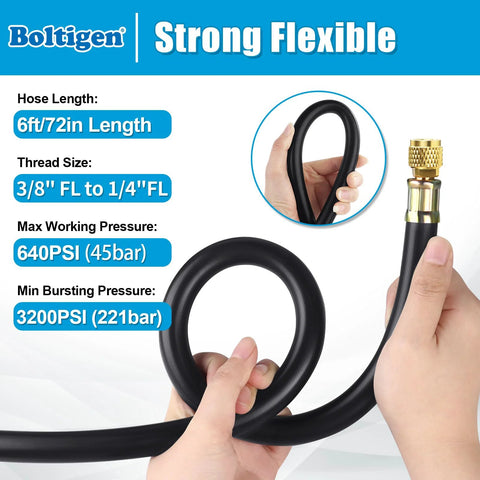 Boltigen 1/2 in ID vacuum refrigerant hose, 6 ft, black with 3/8 to 1/4 in flare fittings; coiled with brass connector