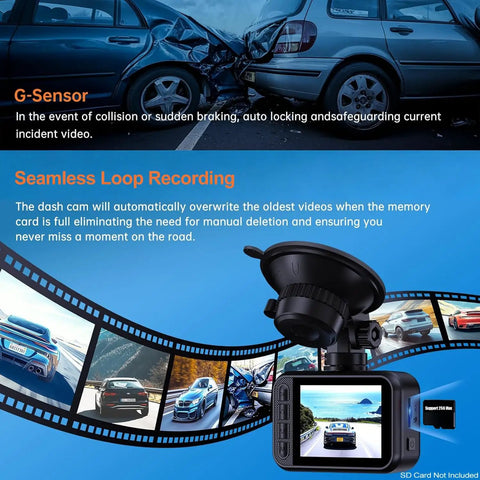 Front And Rear Dash Cam 2.5K Dual Car Camera With 2560x1440 Front And 1080P Rear Night Vision 2 Inch IPS Display showing G-Sensor feature