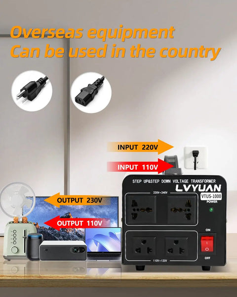Go-To 1000W Step Up Down Voltage Transformer with outlets and resettable circuit breaker, ideal for travel appliances use.