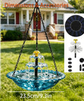 Blue Solar Powered Cascade Hanging Bird Bath Fountain With No Battery Needed Water Pump Dispenser, 45cm tall, 9.3in wide.