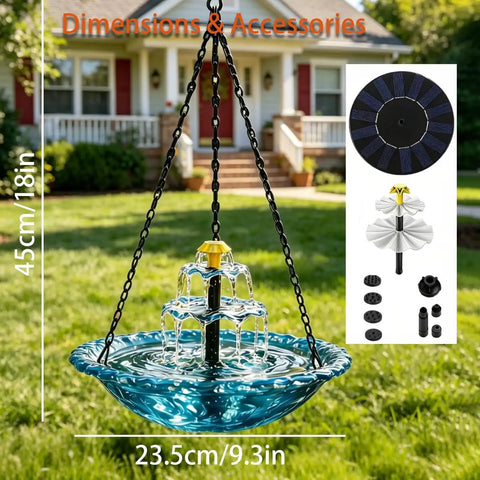 Blue Solar Powered Cascade Hanging Bird Bath Fountain With No Battery Needed Water Pump Dispenser, 45cm tall, 9.3in wide.