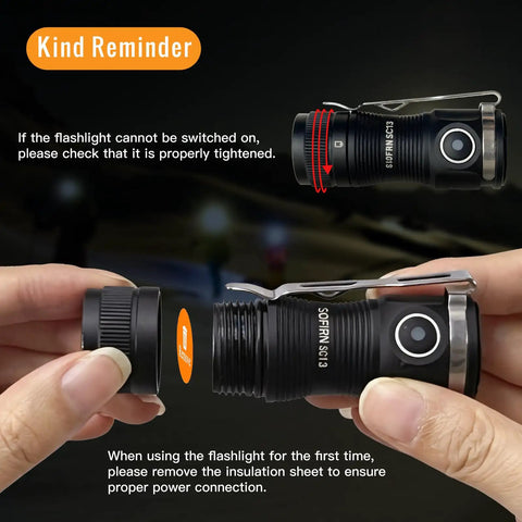 Hands disassembling Tiny But Mighty EDC Flashlight Rechargeable 1300 Lumens, Pocket Size, Keychain Friendly, IPX8 Waterproof