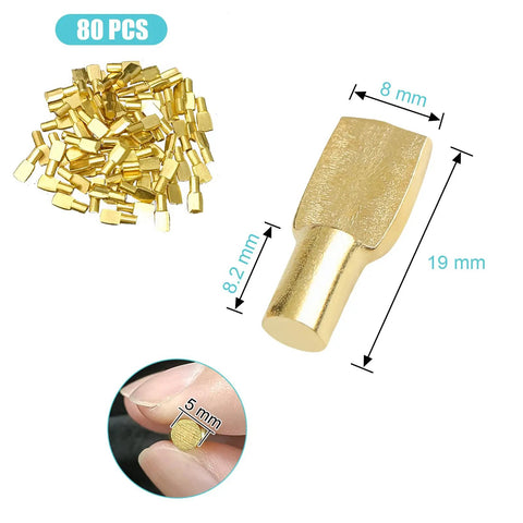Rock Solid 5Mm Shelf Pins And Cabinet Brackets, 80 Pack Zinc Alloy Rack Supports With Sleek Nickel Finish, gold shelf pins and measuring dimensions.