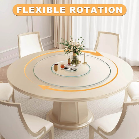 23 inch tempered glass lazy susan turntable with silent rotation, shown on a dining table with flexible rotation feature.