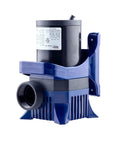 Blue plastic submersible pond pump with side threaded outlet