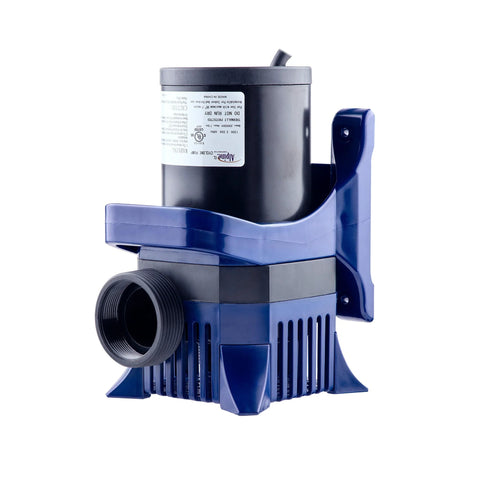 Blue plastic submersible pond pump with side threaded outlet