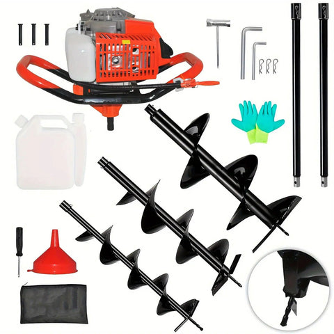 85cc Gas Powered Post Hole Digger With Earth And Ice Auger, Includes 4in 8in And 12in Drill Bits, Two 30 Inch Extensions, 2 Stroke Gas Engine