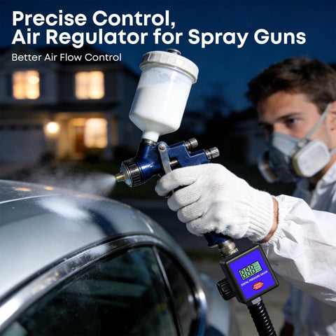 Person using digital air pressure regulator quarter-inch NPT, adjustable 0-200 PSI with gauge on spray gun at night
