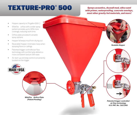 No Nonsense Hopper Gun And Texture Sprayer Built To Crush Thick Drywall Mud Smoothly With Wide Spray Pattern For Lightning Fast Wall Texturing And Renovation with red hopper and ergonomic grip.