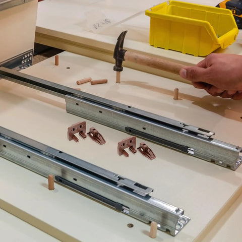 5 Sets Drawer Slide Replacement Kit With Rollers For Dresser Drawers on workbench with tools and DIY installation setup